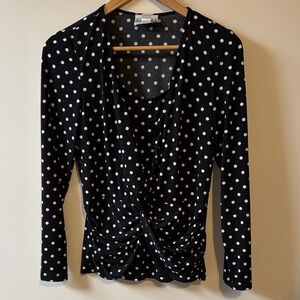 Joseph Ribkoff Black and White Polka Dot Twist-Front Long Sleeve Top
